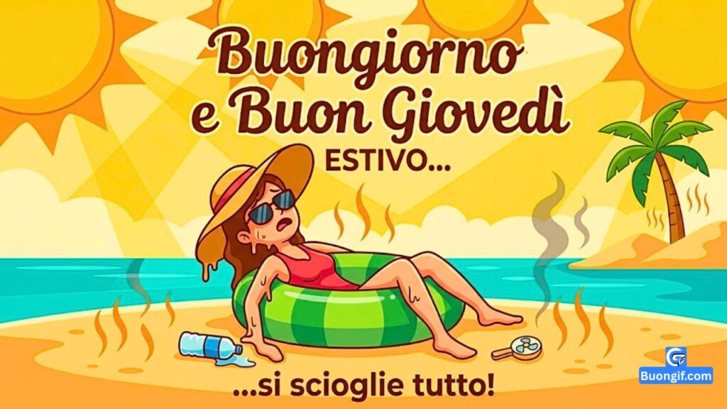 Donna cartoon sciolta in ciambella in spiaggia sotto vari soli con testo Buon Gioved&igrave;.