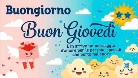 Banner solare con testo Buon Giovedì, sole con occhiali e busta alata piena di cuori.
