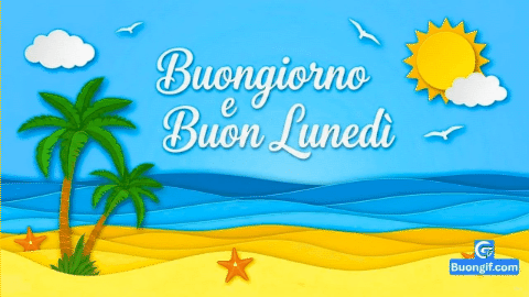 Paesaggio marino in carta ritagliata con palme e testo Buongiorno e Buon Lunedì.