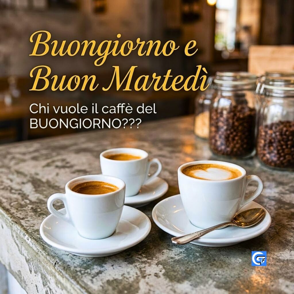 Tre tazzine di caff&egrave; su bancone con testo "Buongiorno e Buon Marted&igrave;" e "Chi vuole il caff&egrave; del BUONGIORNO???".