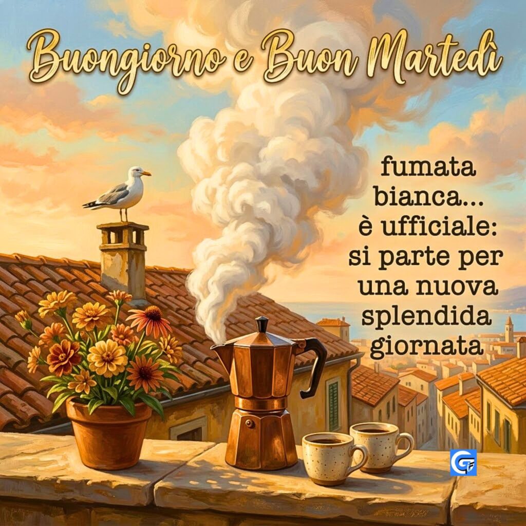 Caff&egrave; e moka su tetti con testo Buongiorno e Buon Marted&igrave; e fumata bianca