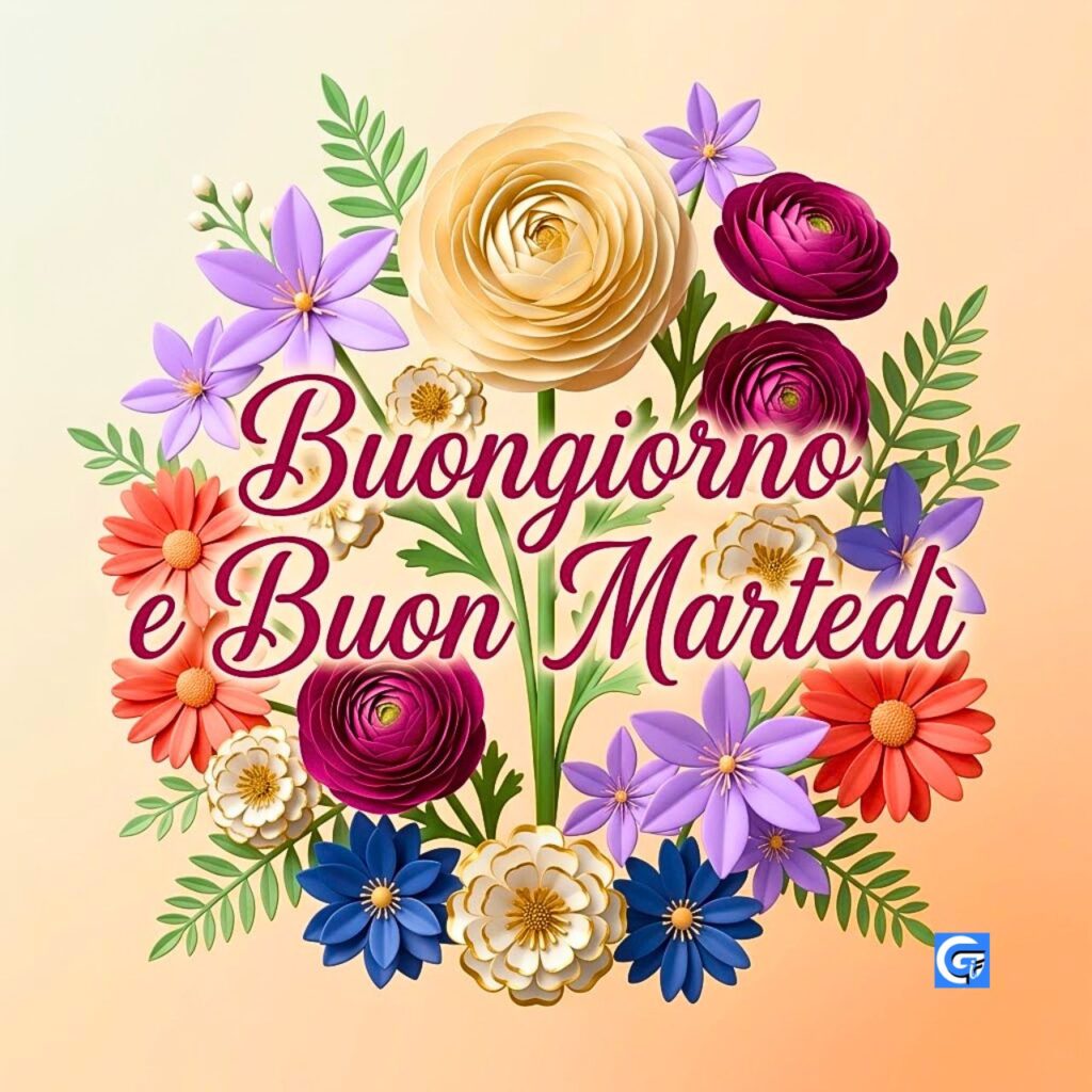 Composizione floreale con ranuncoli e il testo Buongiorno e Buon Marted&igrave;