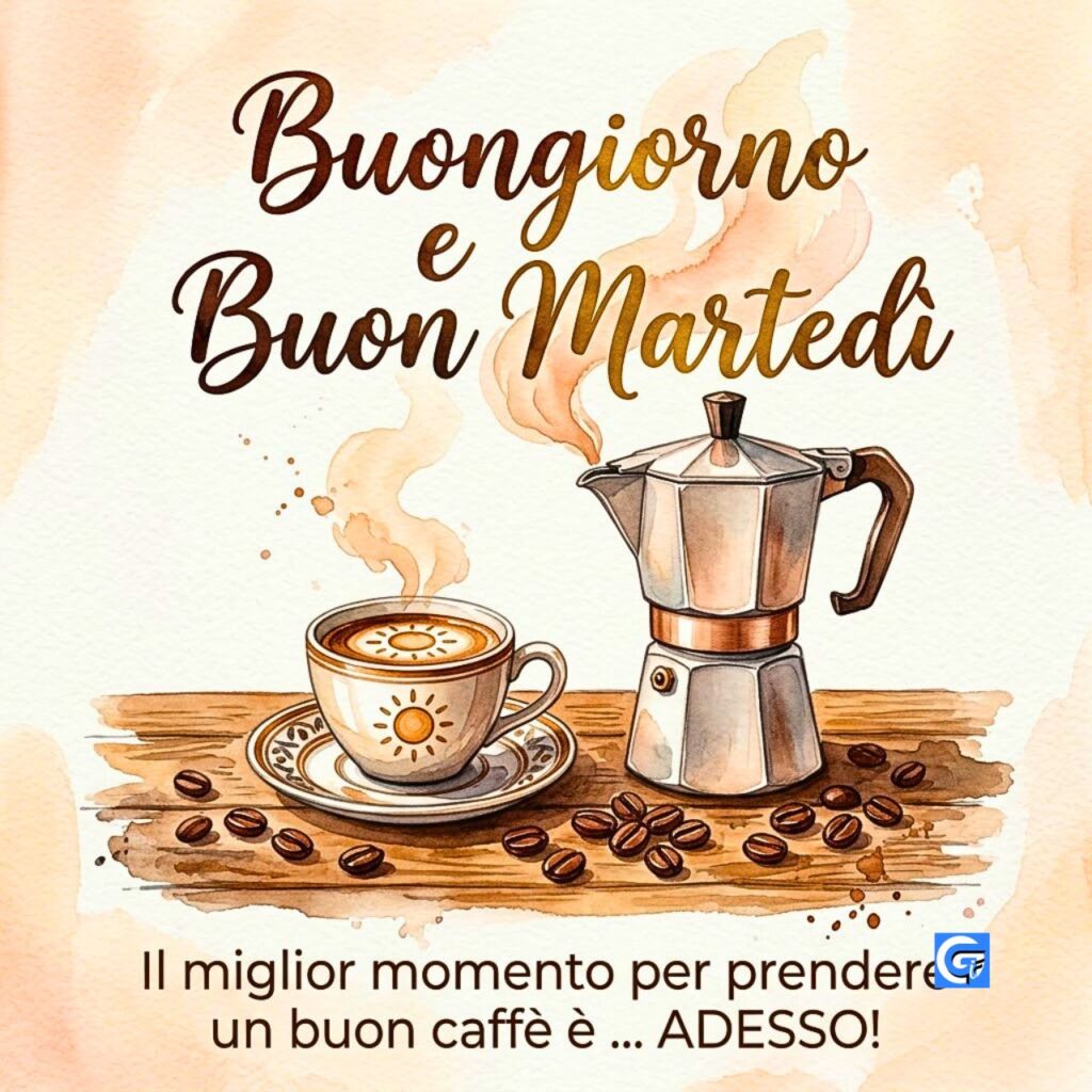 Buongiorno e Buon Marted&igrave; ad acquerello con moka, tazzina e testo Il miglior momento &egrave; ADESSO!
