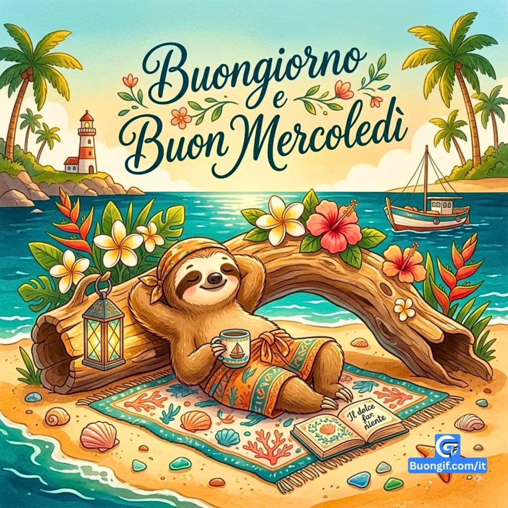 Bradipo rilassato in spiaggia tropicale con caffè, testo floreale Buongiorno e Buon Mercoledì.