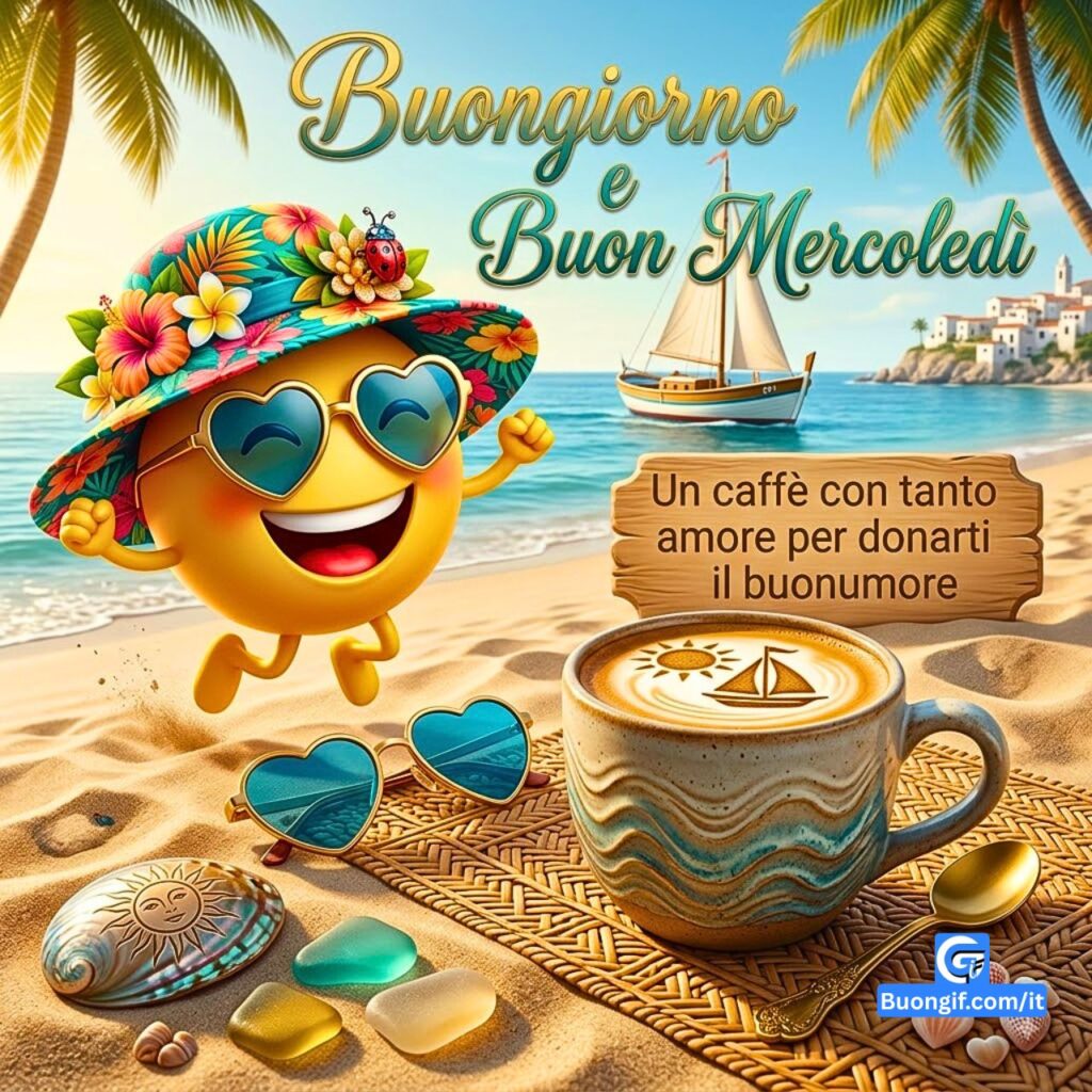 Emoji felice con cappello e caffè in spiaggia, testo Buongiorno e Buon Mercoledì.