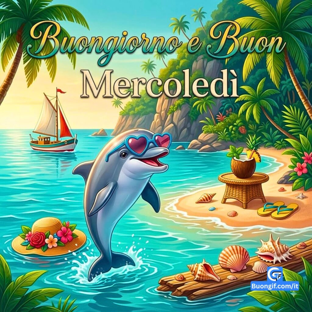 Delfino con occhiali a cuore salta nell'acqua tropicale con testo Buongiorno e Buon Mercoledì.