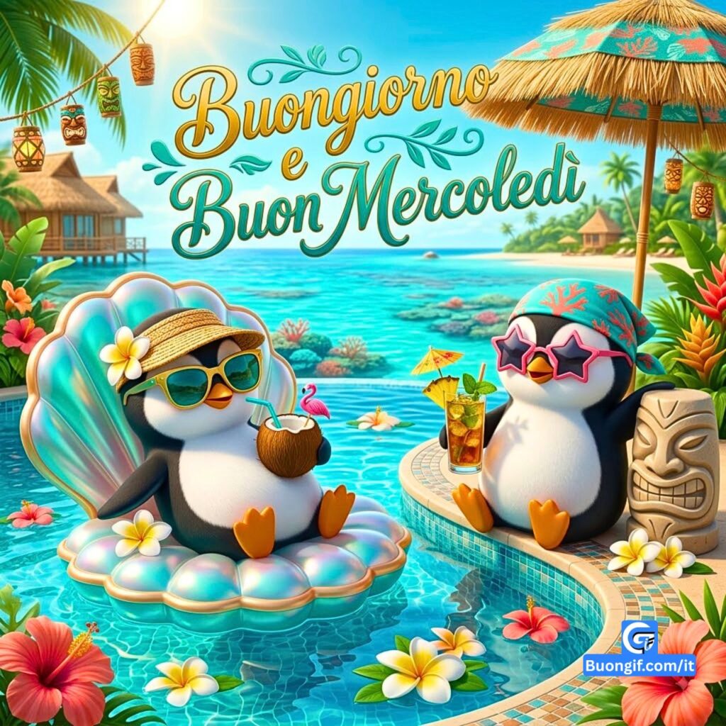 Due pinguini stilizzati si rilassano in una piscina tropicale con il saluto 'Buongiorno e Buon Mercoledì'.