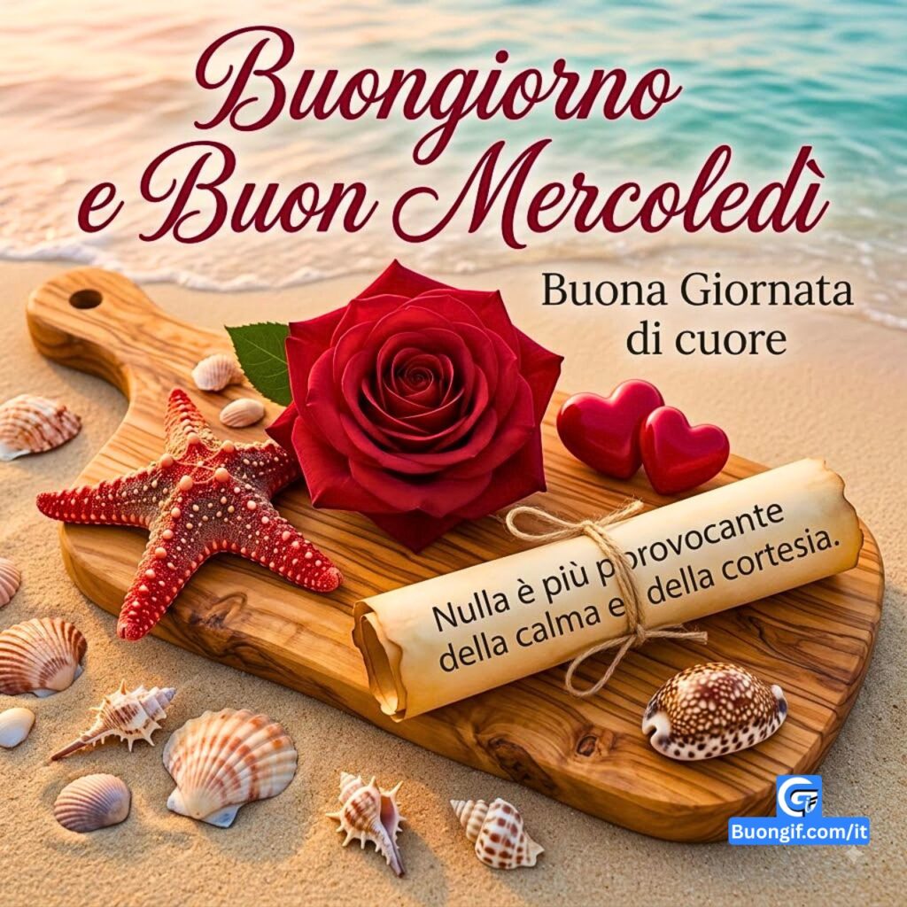 Buongiorno e Buon Mercoledì con rosa rossa, stella marina e cuore su tagliere di legno in spiaggia.