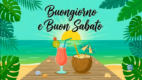 Mare turchese, cocktail rosa e noce di cocco con scritta Buongiorno e Buon Sabato