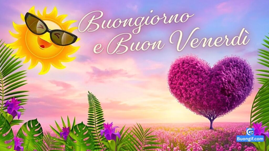 Sole sorridente, albero a forma di cuore e la scritta Buongiorno e Buon Venerd&igrave;.
