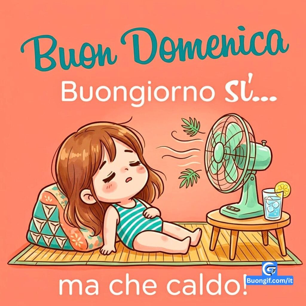 Illustrazione vettoriale di una ragazza esausta che usa un ventilatore con il testo "Buon Domenica".