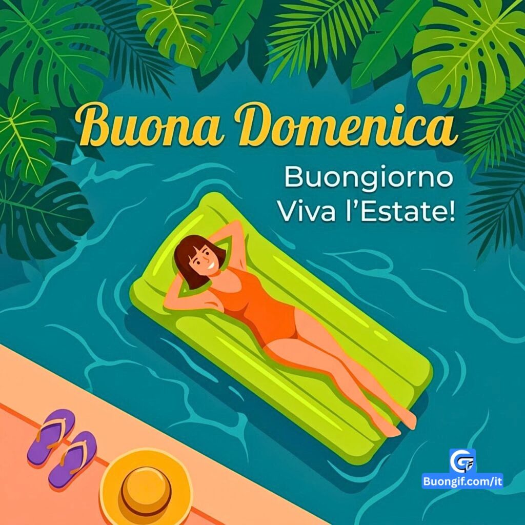 Donna su materassino in piscina e testo "Buona Domenica Buongiorno Viva l'Estate!".