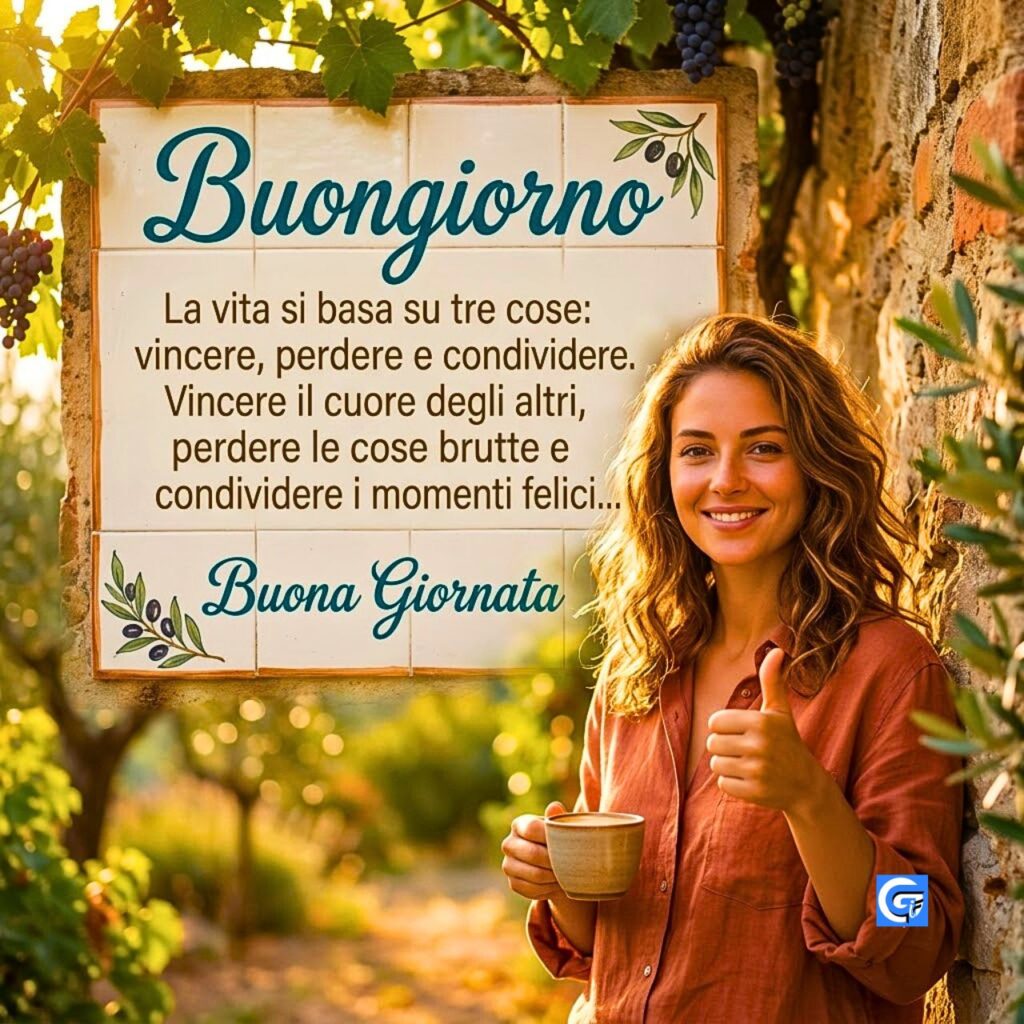 Una donna sorridente d&agrave; un pollice in su in un giardino soleggiato con testo Buongiorno e una citazione italiana