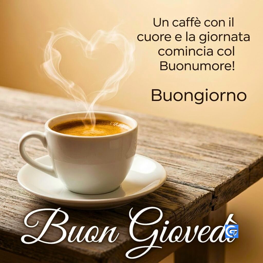 Espresso su legno, vapore a forma di cuore, scritte 'Buongiorno' e 'Buon Giovedì'
