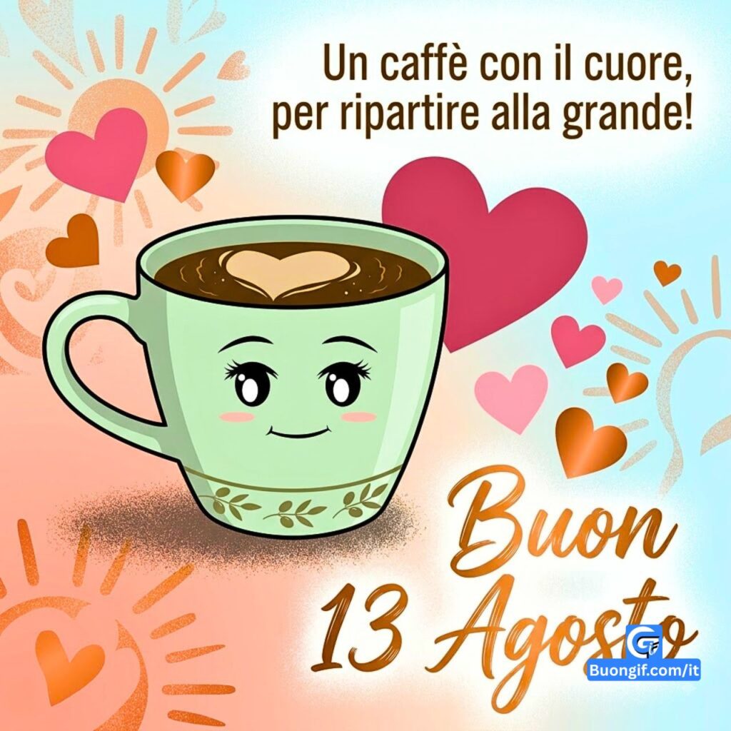 Tazza di caff&egrave; animata con faccia e cuori, con testo Buon 13 Agosto.