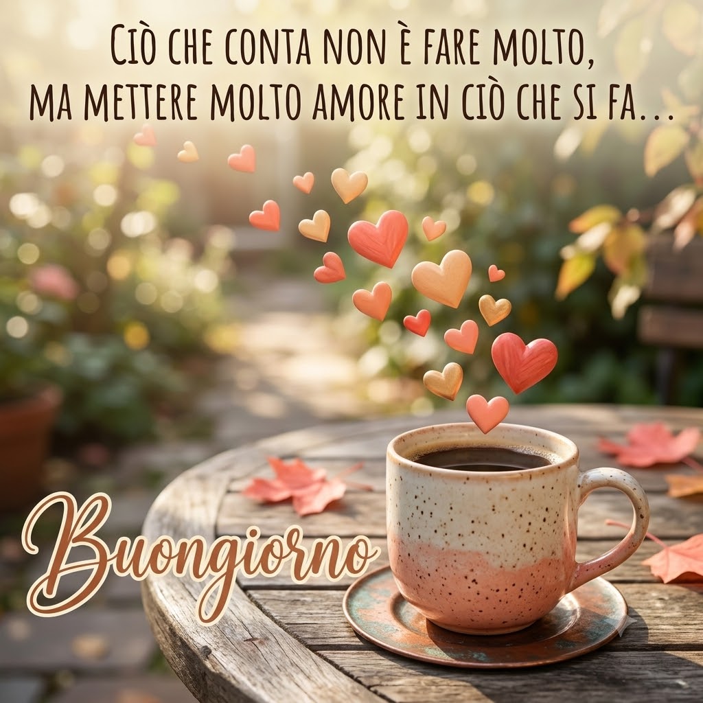 Tazza speckled, cuori autunnali, foglie, testo Buongiorno e citazione sull'amore su legno.