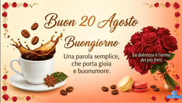 Tazza di caffè con cuore di latte, rosa rossa e testo Buon 20 Agosto.