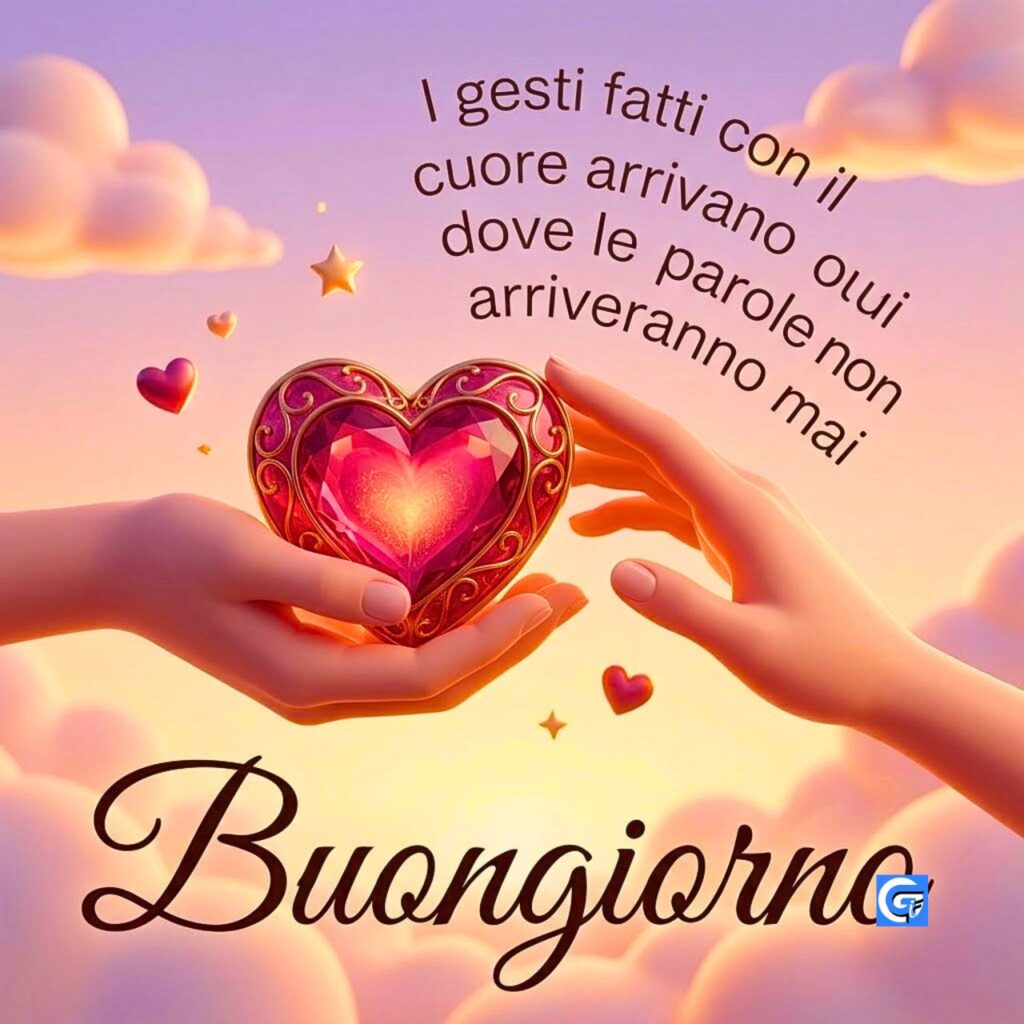 Mani che reggono un cuore di rubino tra nuvole con Buongiorno e testo I gesti fatti con il cuore.