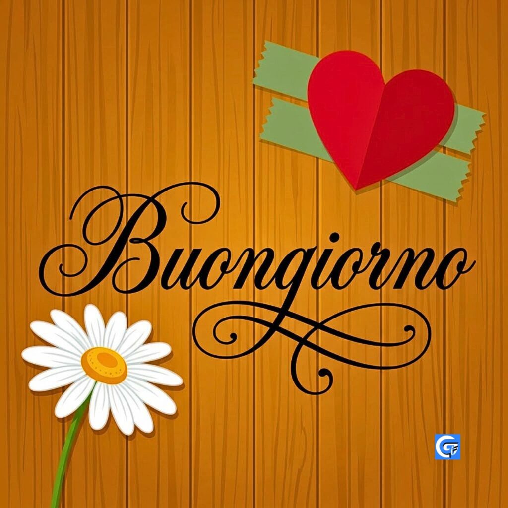Illustrazione vettoriale con una margherita, un cuore rosso e la scritta "Buongiorno".