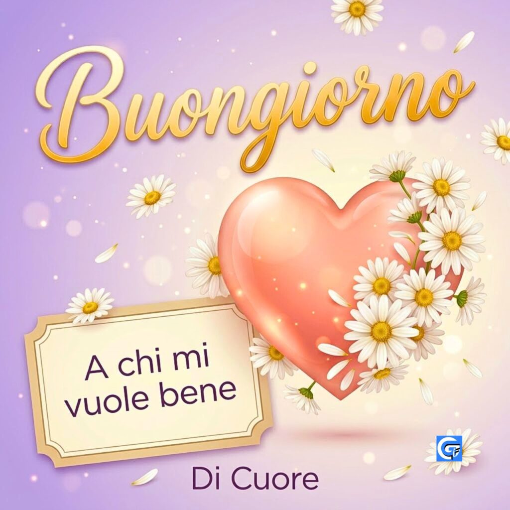 Cuore rosa-pesca traslucido con margherite bianche e scritte Buongiorno e Di Cuore su sfondo lavanda.