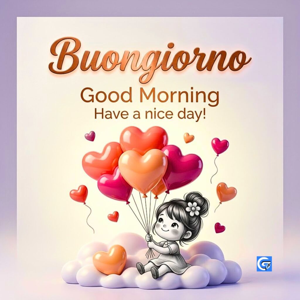 Scritta Buongiorno e Good Morning sopra una bambina 3D che tiene palloncini a cuore.