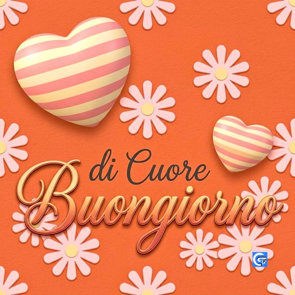 Una cartolina d'auguri quadrata color pesca con testo Buongiorno di Cuore e cuori a strisce rosa.
