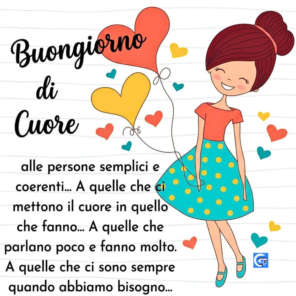 Ragazza stilizzata floating con cuori colorati e testo italiano Buongiorno di Cuore su carta notebook.