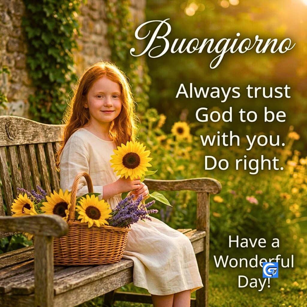 Ragazza con capelli rossi su panca, girasoli, testo "Buongiorno", fede e auguri.