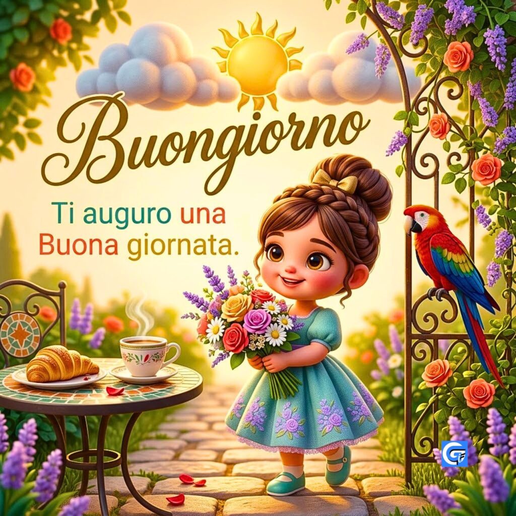 Una dolce bambola 3D in un giardino fiorito con la scritta Buongiorno e un pappagallo su un arco.