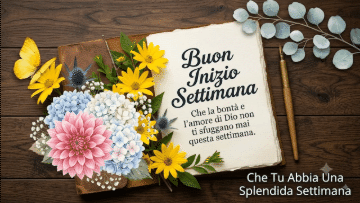 Diario in pelle socchiuso su tavolo in legno scuro con fiori e testo 'Buon Inizio Settimana'.