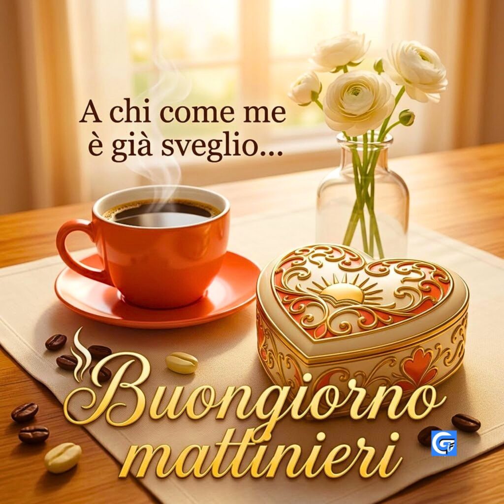 Tazza di caff&egrave;, cuore decorativo e testo: Buongiorno mattinieri. A chi come me &egrave; gi&agrave; sveglio...