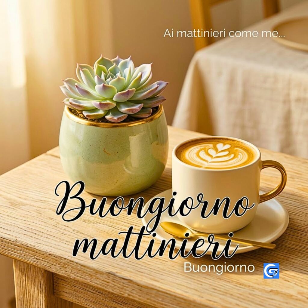 Scena di colazione con latte e succulenta, e testo: Ai mattinieri come me..., Buongiorno mattinieri. Buongiorno.