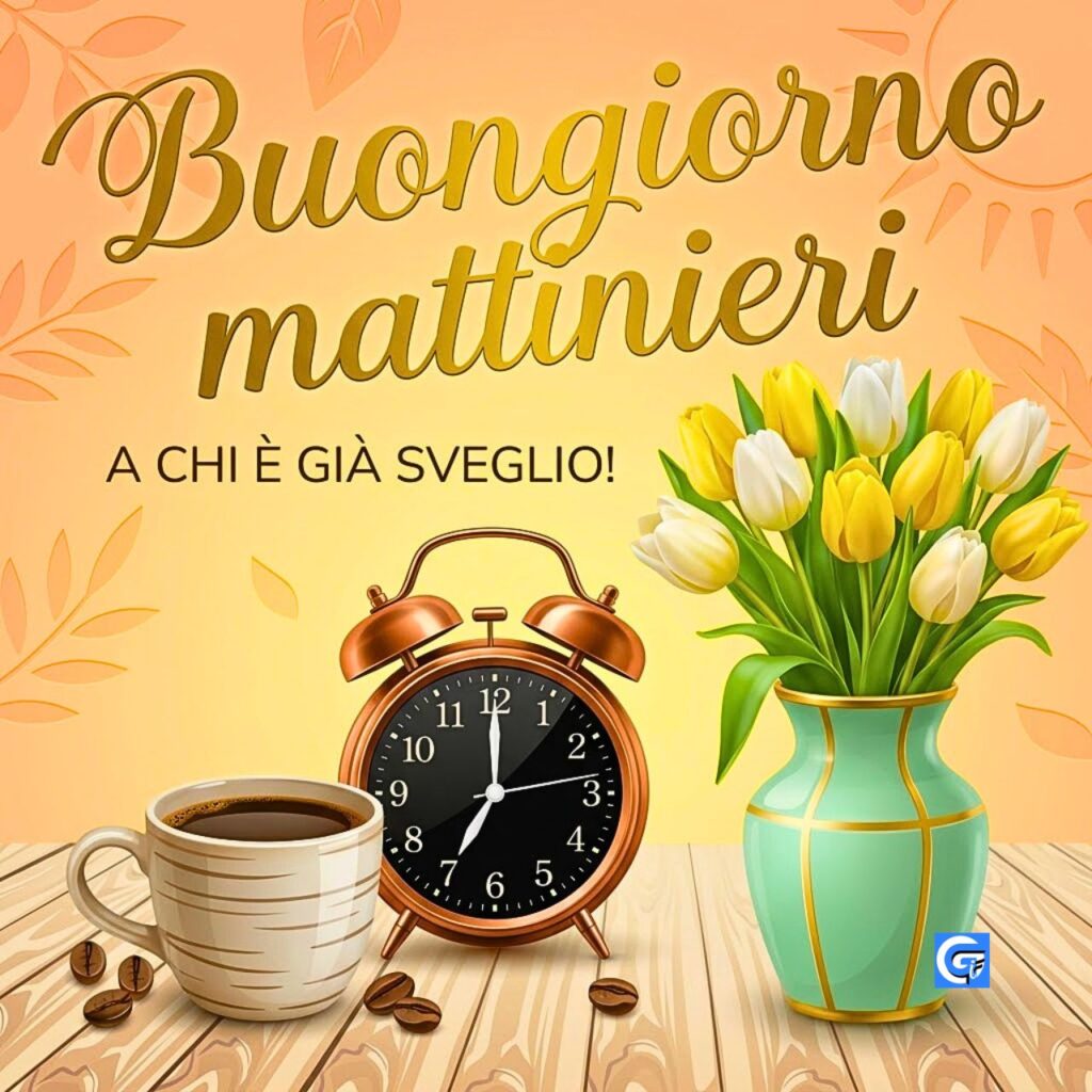 Orologio vintage copper, caff&egrave; e tulipani gialli con testo Buongiorno mattinieri. A chi &egrave; gi&agrave; sveglio.