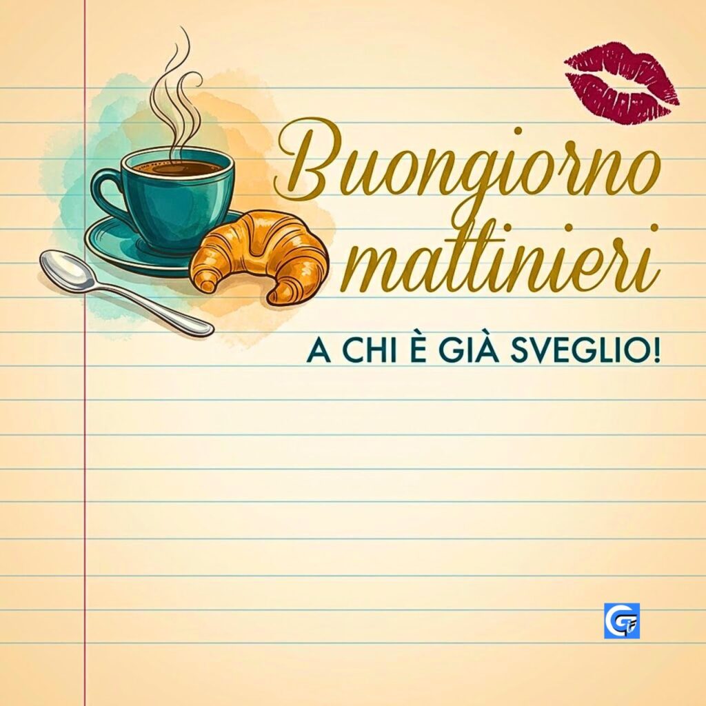 Tazza di caff&egrave; fumante, croissant e bacio con testo "Buongiorno mattinieri A CHI &Egrave; GI&Agrave; SVEGLIO!".