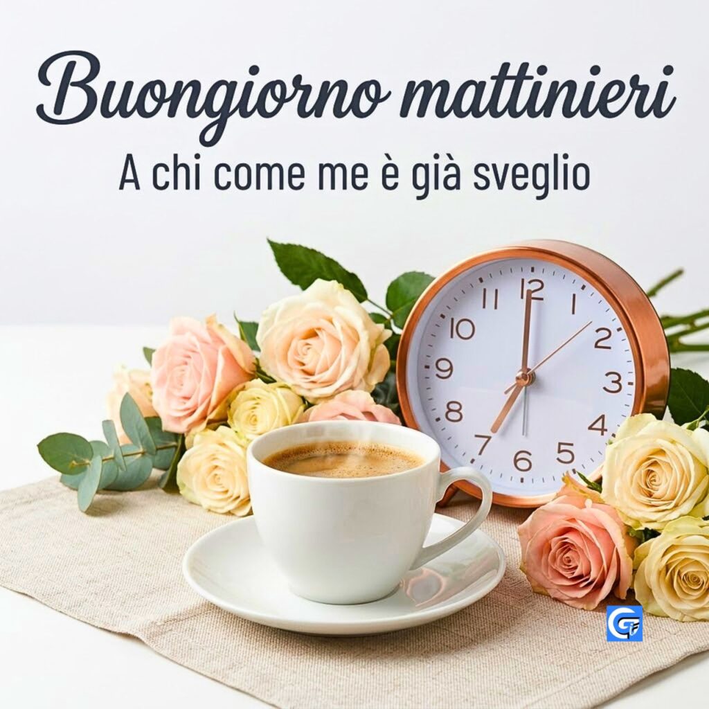 Caff&egrave; fumante, rose rosa e orologio vintage per buongiorno mattinieri.