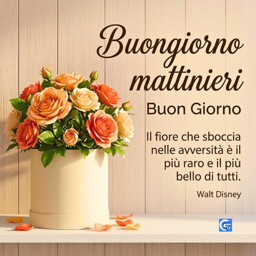 Matte cream-colored box of peach roses and elegant sepia script reading Buongiorno mattinieri on driftwood.