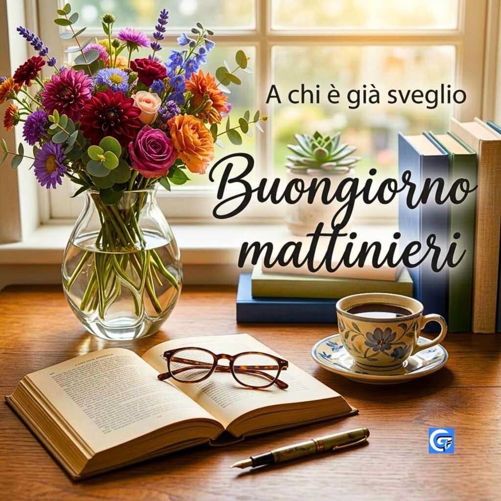 Vaso con fiori colorati, un libro aperto con occhiali, tazza di caff&egrave; e testo Buongiorno mattinieri.