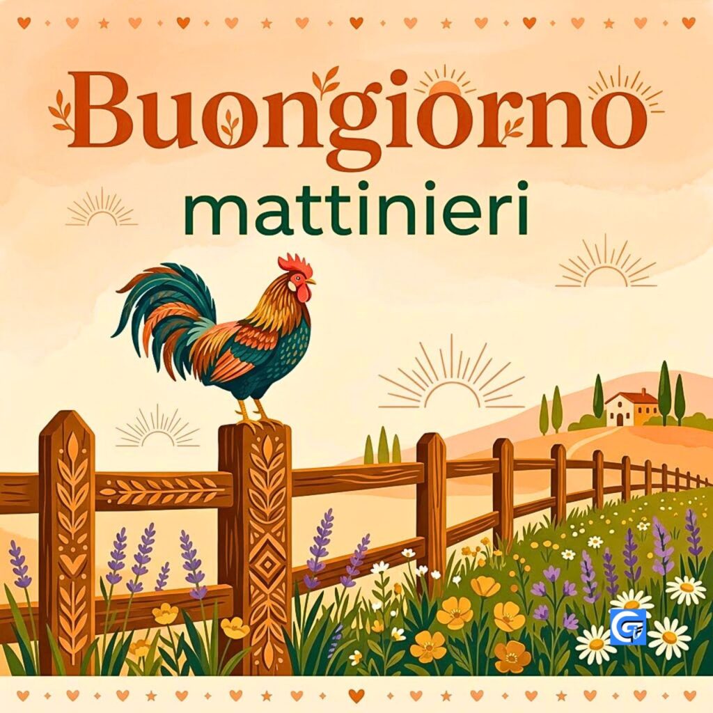 Gallo canta su una staccionata di legno in campagna con il testo Buongiorno mattinieri.