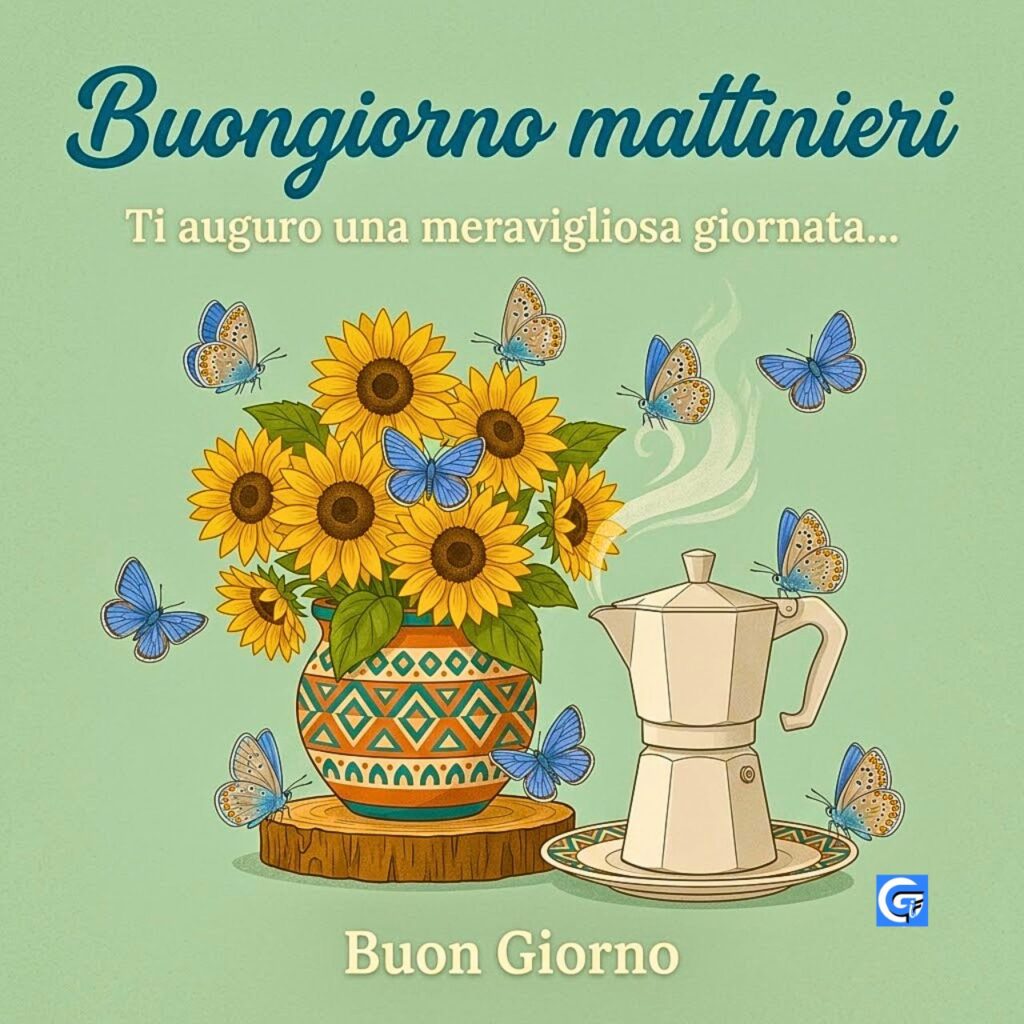 Moka cup sunflowers butterflies text Buongiorno mattinieri Buon Giorno Ti auguro a meravigliosa giornata...