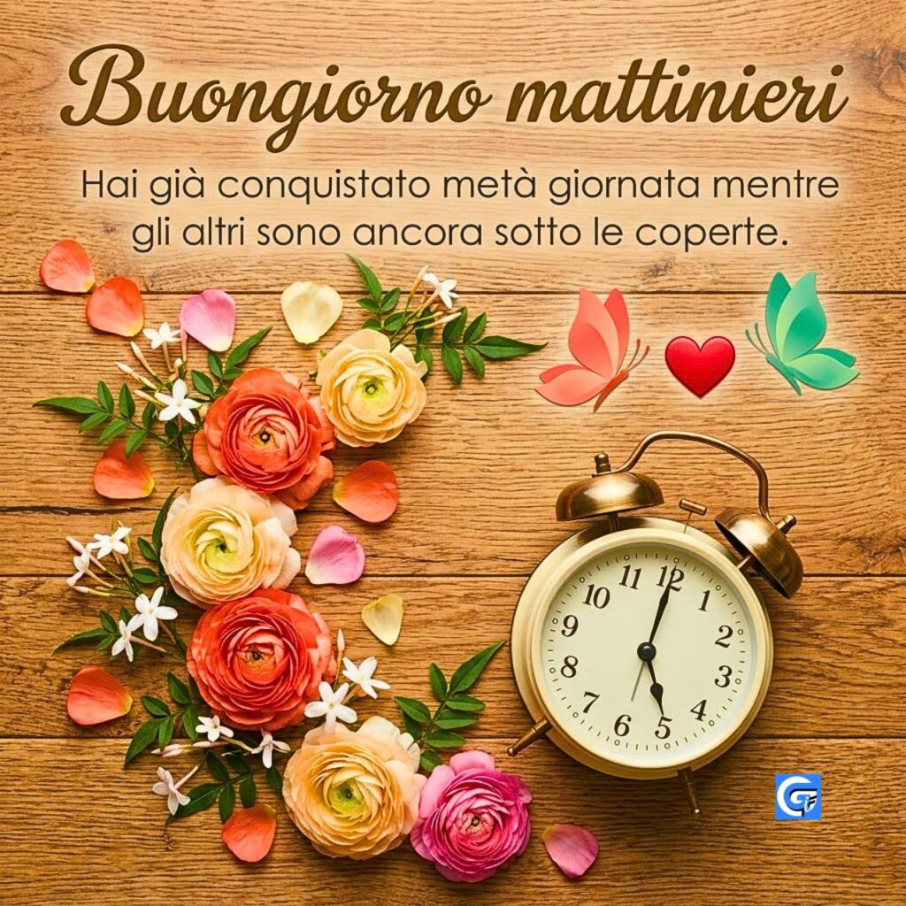 Orologio vintage d'ottone, ranuncoli rosa e testo Buongiorno mattinieri su legno scuro.