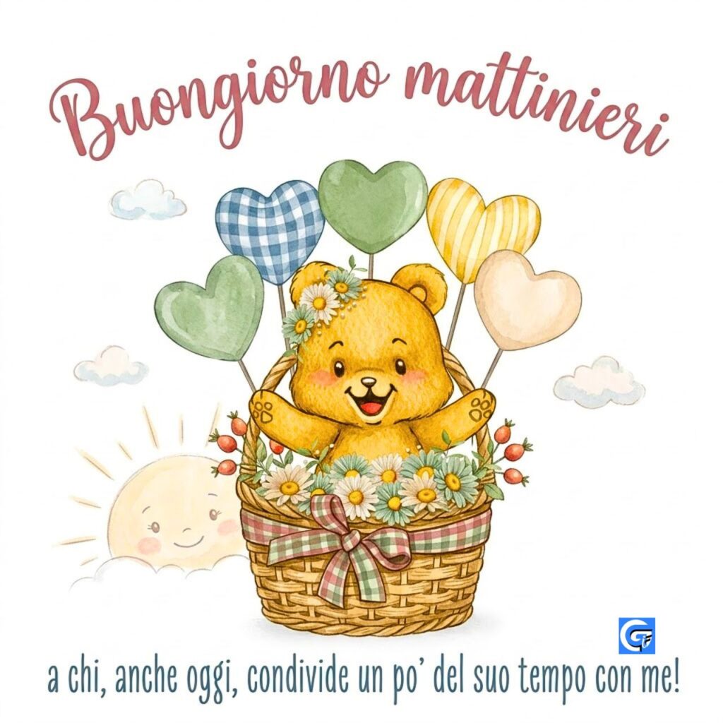 Orsetto con fiori e palloncini. Testo superiore 'Buongiorno mattinieri' e testo inferiore sulla condivisione del tempo.