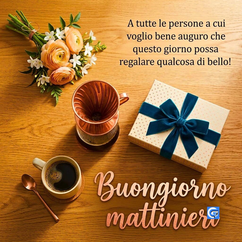 Tazza di caff&egrave;, regalo e fiori su tavolo di legno con scritte 'Buongiorno mattinieri' e augurio.