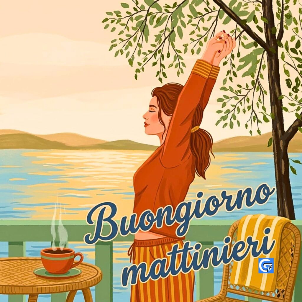 Una donna si allunga su un balcone con vista sul lago e una tazza fumante.