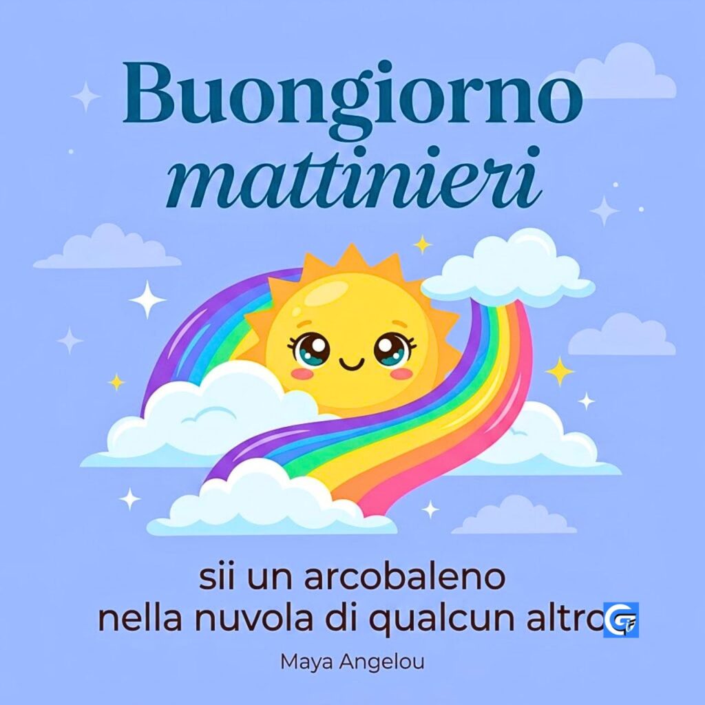 Sole carino su arcobaleno e nuvole, testo "Buongiorno mattinieri" e citazione di Maya Angelou.