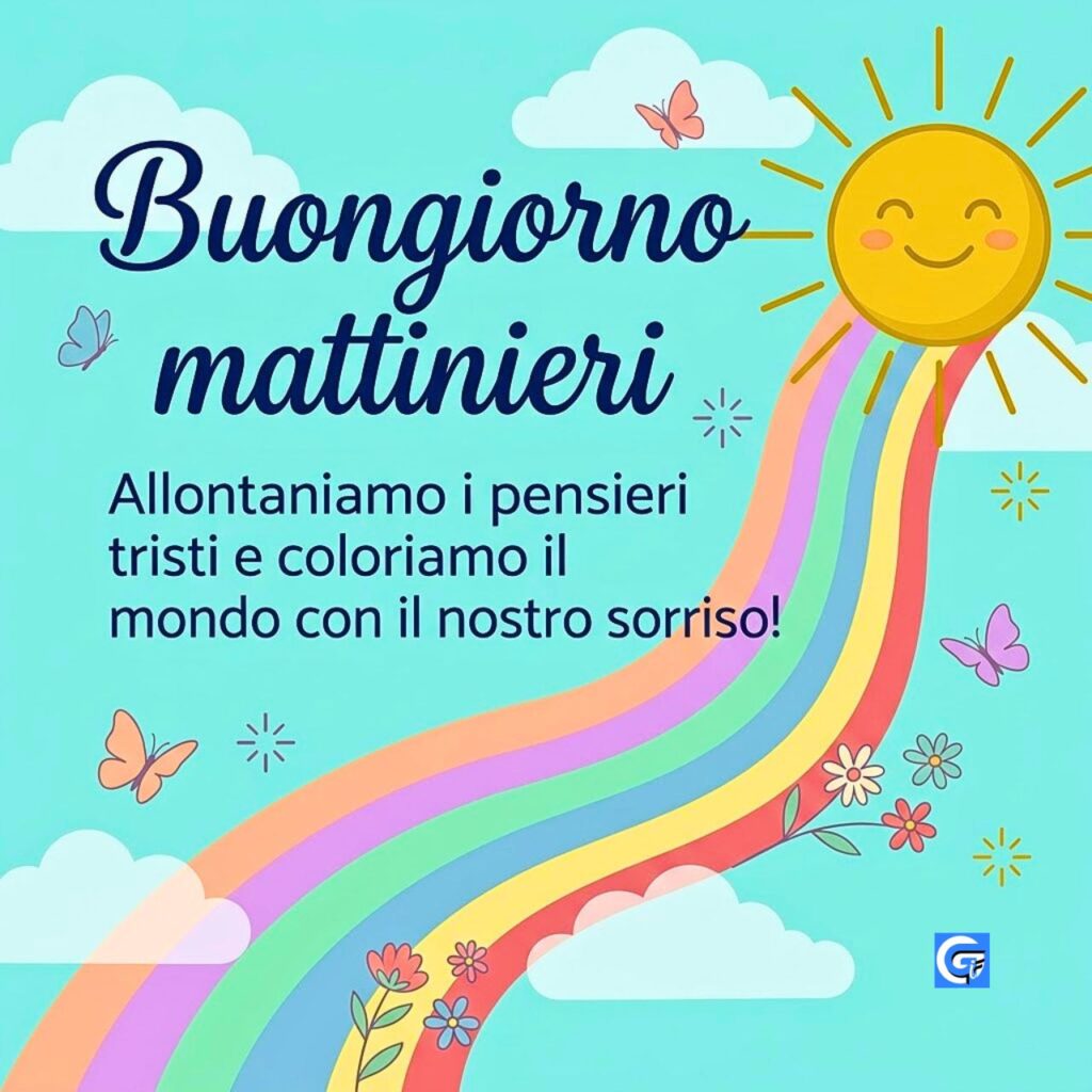 Sole sorridente, arcobaleno, farfalle e il testo "Buongiorno mattinieri"