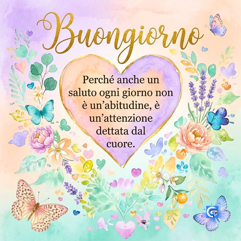 Illustrazione acquerello Buongiorno testo elegante e cuore decorato con messaggio sull'attenzione dal cuore.