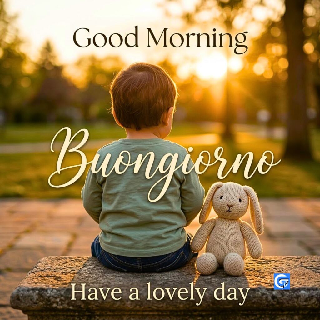 Bambino seduto di spalle su panchina fiorita con volpe di peluche e testo Buongiorno in calligrafia.