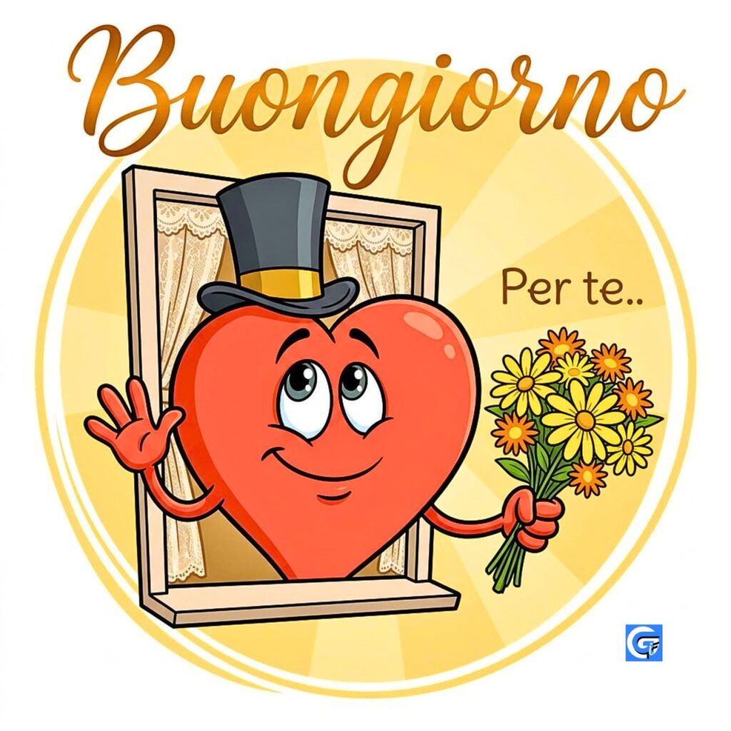 Cuore con cappello a cilindro e fiori, Buongiorno e Per te