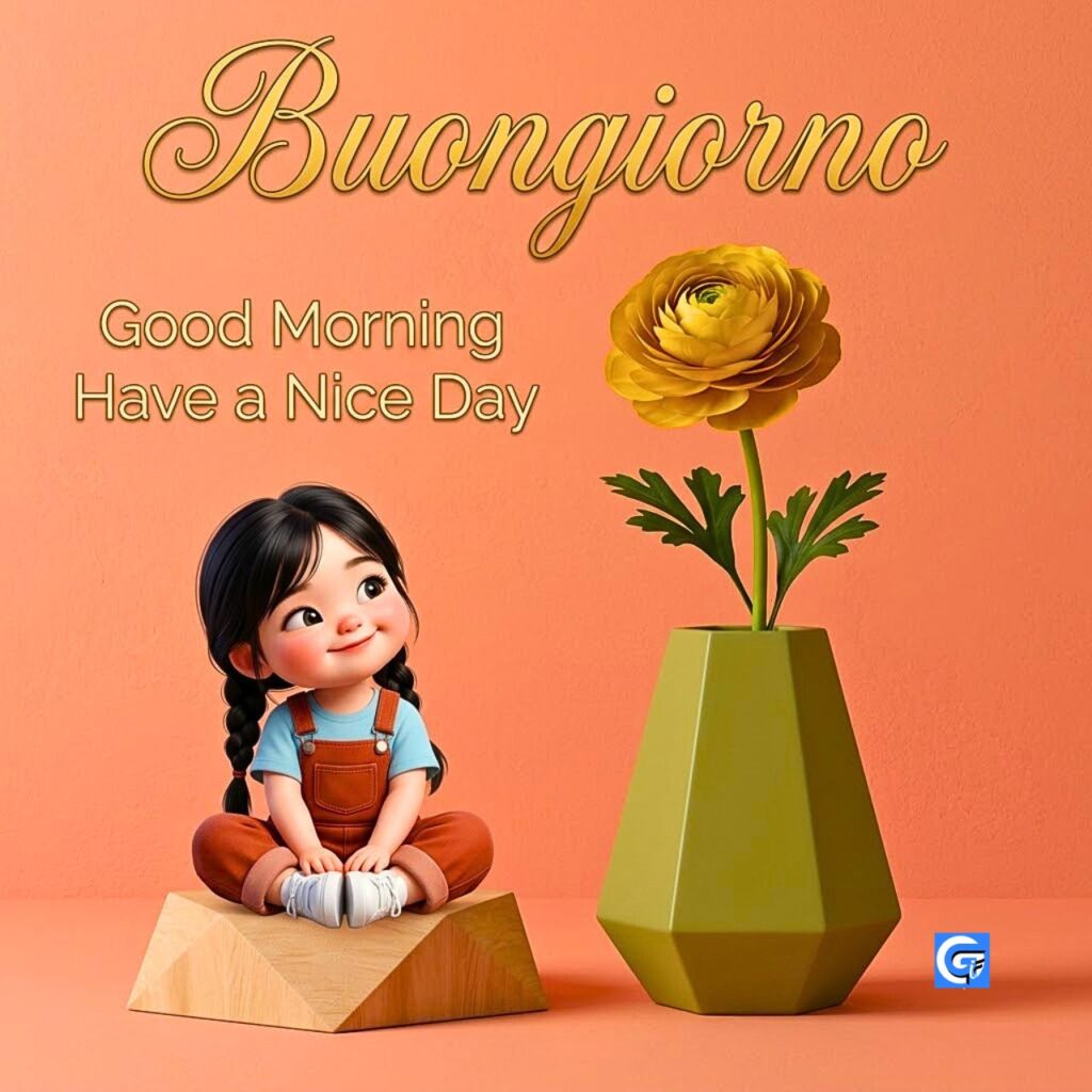 Bambina in salopette color ruggine siede vicino a un vaso verde oliva con un ranuncolo dorato e la scritta Buongiorno.