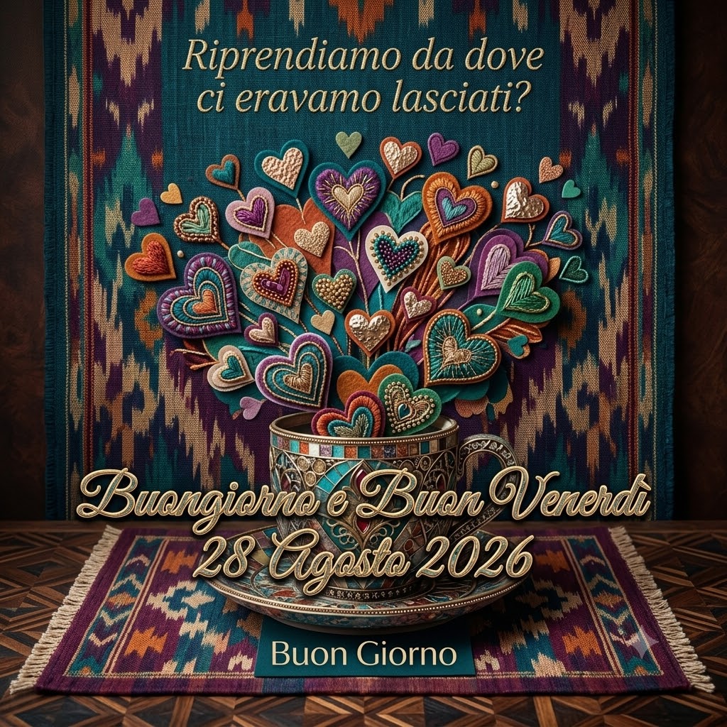 Un ricco collage d'arte mixed-media con una tazza di mosaico e cuori stratificati in feltro, carta e metallo che esplodono verso l'alto, con testo in italiano. Testo in alto: 'Riprendiamo da dove ci eravamo lasciati?'. Testo principale al centro: 'Buongiorno e Buon Venerdì 28 Agosto 2026' in un font serif ornato. Testo in basso: 'Buon Giorno'.